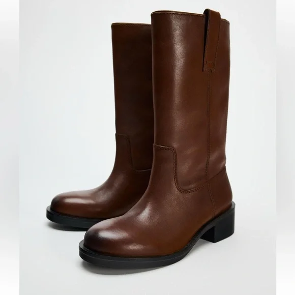 ZARA WIDE SHAFT 100% LEATHER ANKLE BOOTS - Picture 1 of 15